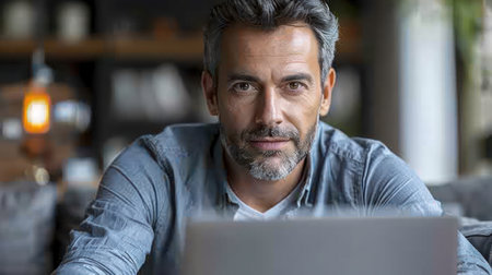 Man working on his computer at his desk.の素材