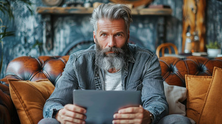 A man with a gray beard sits on a brown leather couch with a tablet.の素材