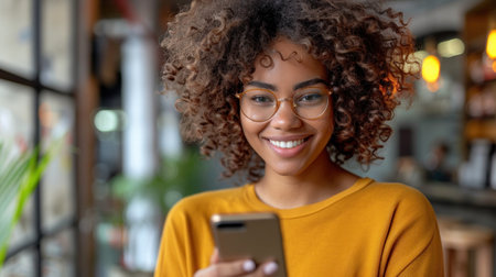 Woman wearing glasses uses phone in cafe.の素材