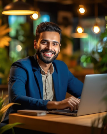 A man in a blue blazer smiles as he works on his laptop in a cafe.の素材