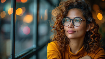 A woman with curly brown hair looks out a window at night, with city lights blurred in the background.の素材