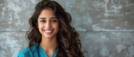 A young woman in blue scrubs smiles confidently in front of a gray wall.の素材
