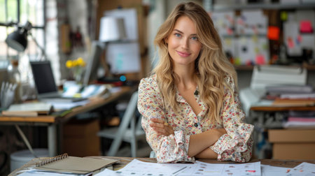 A young woman with long blonde hair sits at a desk with her arms crossed, smiling at the camera in a modern office setting.の素材