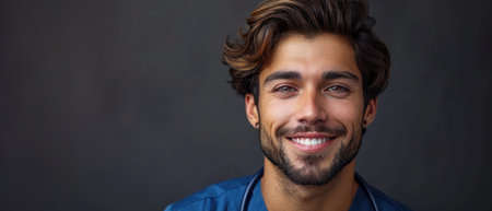 A young man with wavy brown hair smiles at the camera against a gray background.の素材