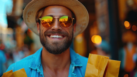 A happy man wearing a straw hat and sunglasses holds shopping bags while smiling in a city.の素材