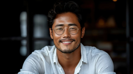 A young man wearing glasses smiles brightly while wearing a white shirt.の素材