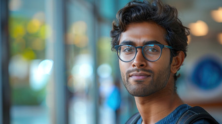 A close-up portrait of a young man wearing glasses, looking off camera.の素材