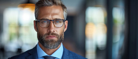 A man with gray hair and beard wearing glasses looks directly at the camera.の素材