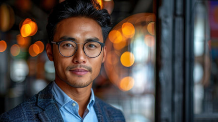 A young man in a blue blazer looks at the camera with a warm smile.の素材