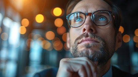 A close-up portrait of a man with glasses looking upwards, lost in thought, with a soft bokeh background.の素材