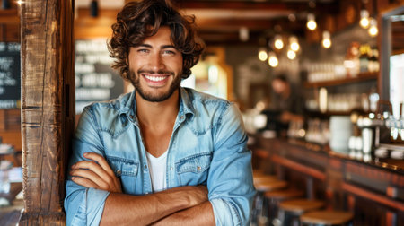 A man with curly hair and a beard smiles while leaning against a wooden post in a bar.の素材