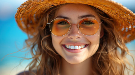 Close-up of a young woman wearing a straw hat and sunglasses, smiling on a sunny day.の素材