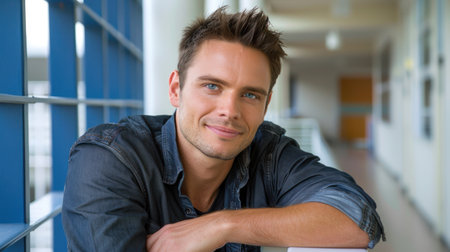 A young man smiles while leaning against a blue glass wall in a hallway.の素材