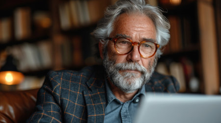 A senior man with gray hair and a beard wears glasses while working on a laptop in a library.の素材