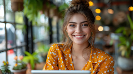 A woman smiles while using a tablet in a cafe.の素材