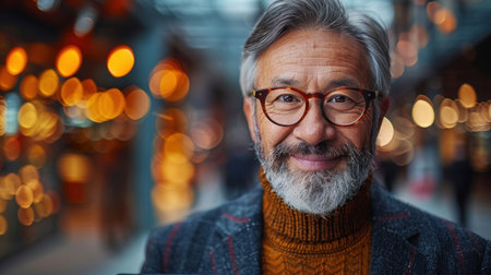 A man with a gray beard and hair smiles as he looks into the camera.の素材
