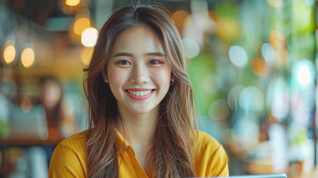 A young woman in a yellow shirt smiles while sitting in a cafe.の素材