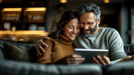 A couple relaxes on a couch, using a tablet while enjoying a cozy evening.の素材