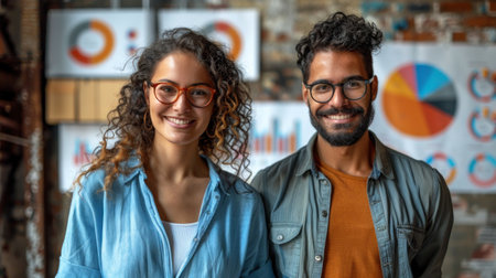 Two business professionals stand smiling in an office space.の素材