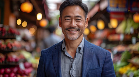 A smiling man in a blue jacket stands in a market with produce in the background.の素材