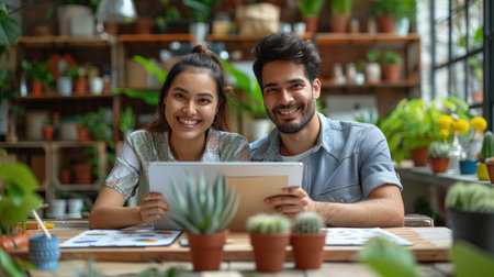 A young couple smiles while working on a tablet in a bright greenhouse setting.の素材