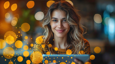A woman smiles as she uses a tablet while sitting in a cafe with bokeh lights in the background.の素材