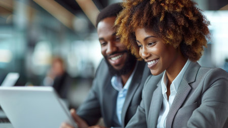 Two smiling business professionals collaborated on a laptop in a modern office setting.の素材
