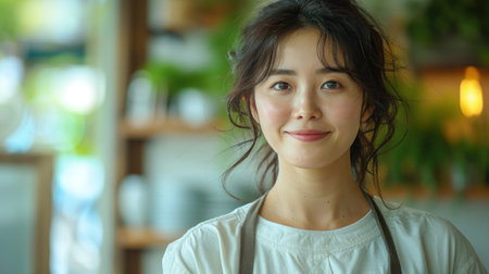 A woman with dark hair smiles while wearing a white shirt inside a cafe.の素材