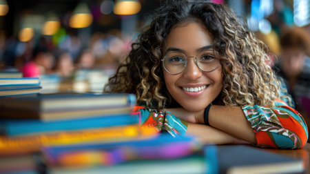 A woman with curly hair smiles while studying in a library.の素材