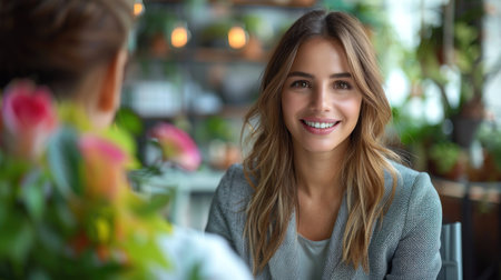 A woman smiles and looks at a friend seated in front of her in a cafe.の素材