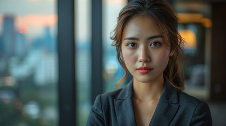 A young woman looks directly at the camera in an office setting.の素材