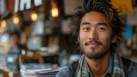 A young man with a beard smiles warmly, looking directly at the camera while standing in a busy cafe.の素材
