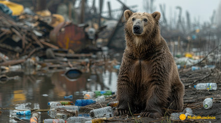 A brown bear sits in the middle of a debris-filled street, surrounded by plastic bottles.の素材