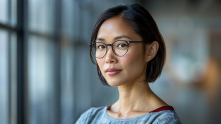 A woman wearing glasses looks directly at the camera, with a confident expression.の素材
