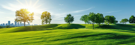 A peaceful green landscape with rolling hills, vibrant trees, and a distant cityscape.の素材