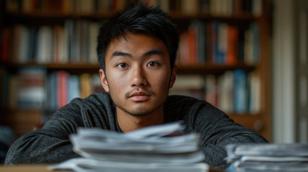 A young man sits in a library, focused on his studies, with a stack of books in front of him.の素材