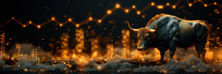 A black bull stands majestically in front of a glowing city skyline, signifying a powerful and rising market.の素材