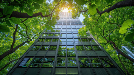 A tall building reflects the surrounding greenery, creating a harmonious blend of urban and natural elements.の素材