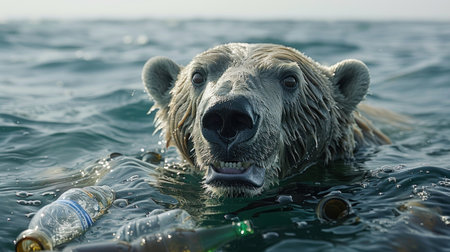 A polar bear swims in the Arctic Ocean, surrounded by plastic debris, its gaze captivating and unsettling.の素材