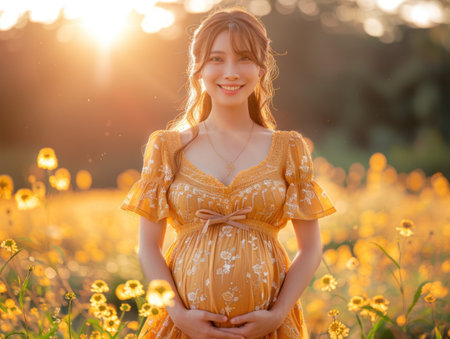 A pregnant woman stands in a field of yellow flowers, her hands gently cradling her growing belly. The warm sunlight bathes her in a golden glow.の素材