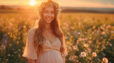 A pregnant woman stands in a field of wildflowers, bathed in the golden light of sunset, her smile radiating joy and contentment.の素材