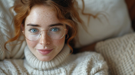 A young woman with red hair and freckles smiles gently into the camera while wearing glasses.の素材