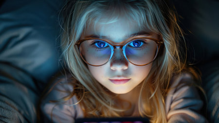 A close-up photo of a young girl wearing glasses, gazing intently at a digital screen in the dim light of her room.の素材