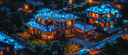 A miniature model of a neighborhood with houses lit by solar panels, creating a starry night effect.の素材