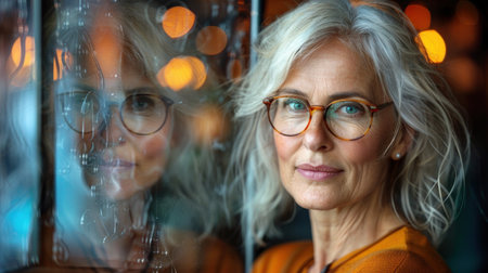 A mature woman with silver hair and glasses looks thoughtfully at the camera, her reflection blurred by the city lights behind her.の素材