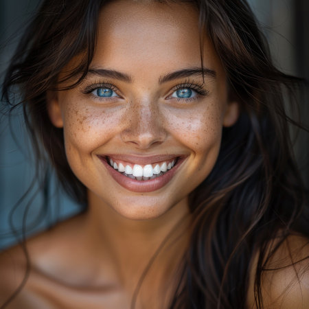 A close up portrait of a woman with blue eyes and freckles, smiling joyously.の素材