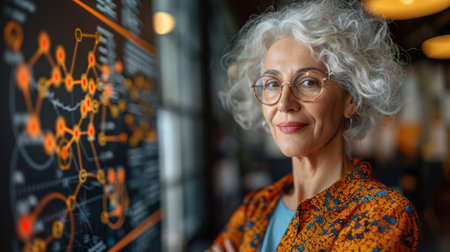 A woman with gray hair and glasses looks confidently at the camera while standing in front of a chart showing data connections.の素材