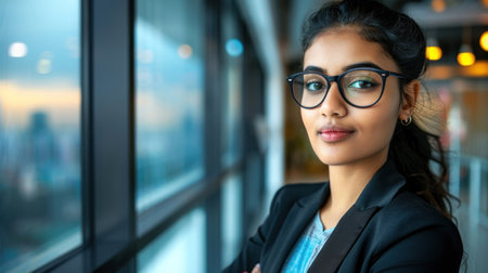 A young woman with a confident expression looks out a large office window.の素材