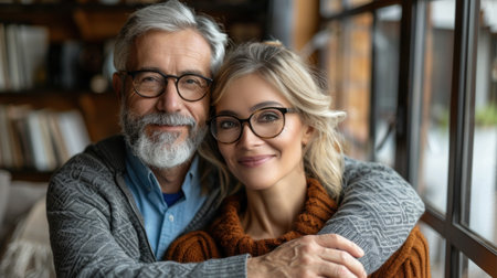 A loving couple embraces near a window, bathed in the soft light of a sunset.の素材