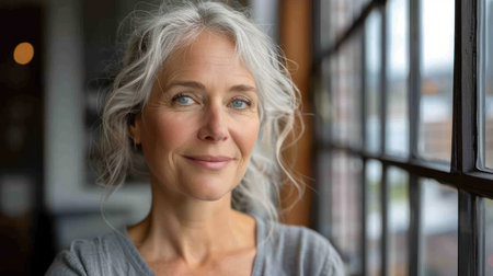 A woman with silver hair and bright eyes looks out a window.の素材